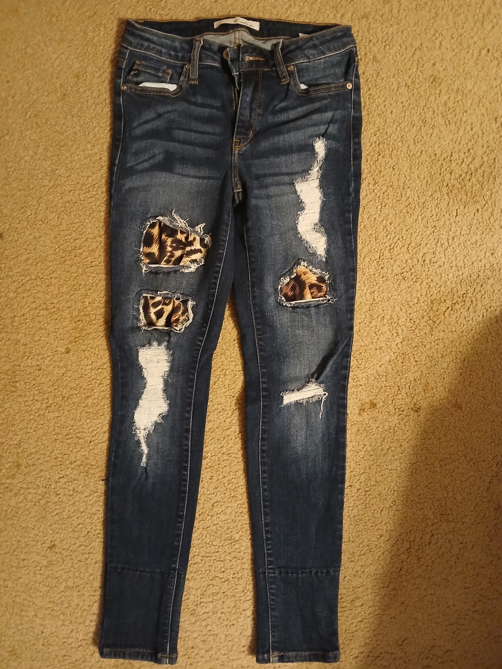KanCan Dark Blue Skinny Jeans with Leopard Patch Distressing - Picture 1 of 6